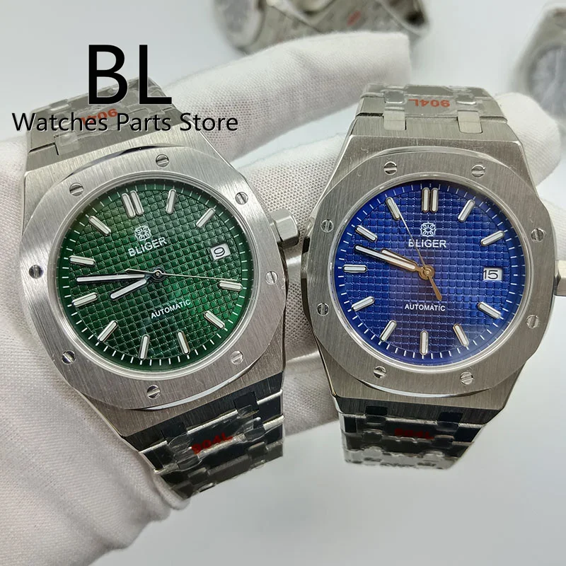 

BLIGER 41mm Octagon Square Case Japan NH35A Automatic Watch For Men Blue Green Dial Flat Sapphire Glass Luminous Hands Date