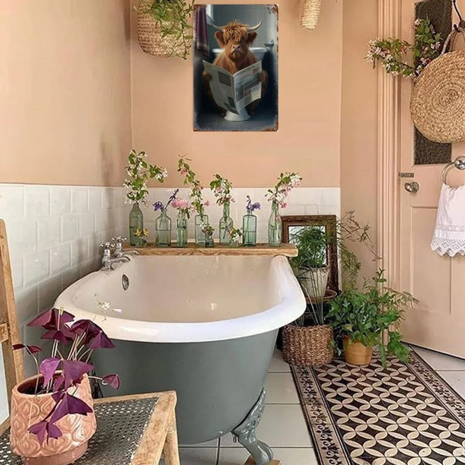 Funny Bathroom Humorous Animal Wall Decor Bear Dog Tiger Sitting on Toilet Reading Poster Art Metal Tin Sign Plaque Home