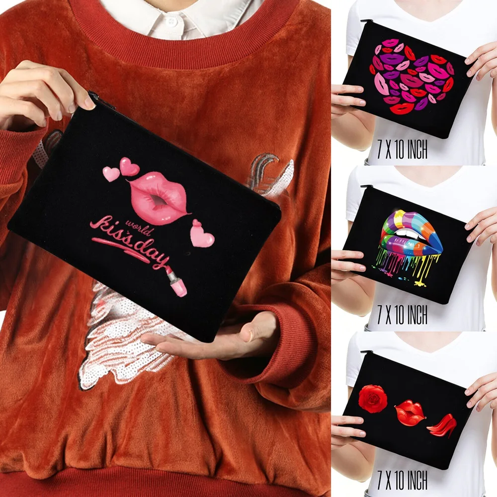 

Women Cosmetic Bag Makeup Pouch Hand Travel Bag Lipstick Organizer Cases Fashion Mouth Pattern Zipper Clutch Phone Purse
