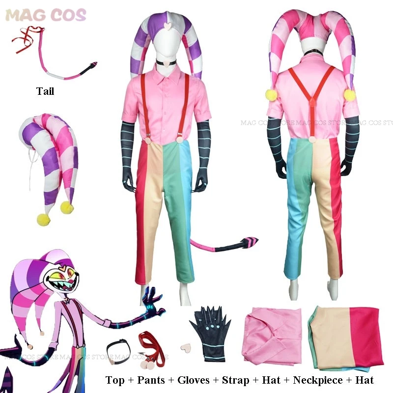 Helluva S2 Fizzarolli шапка костюм для косплея Boss подтяжки цвета радуги брюки комбинезоны