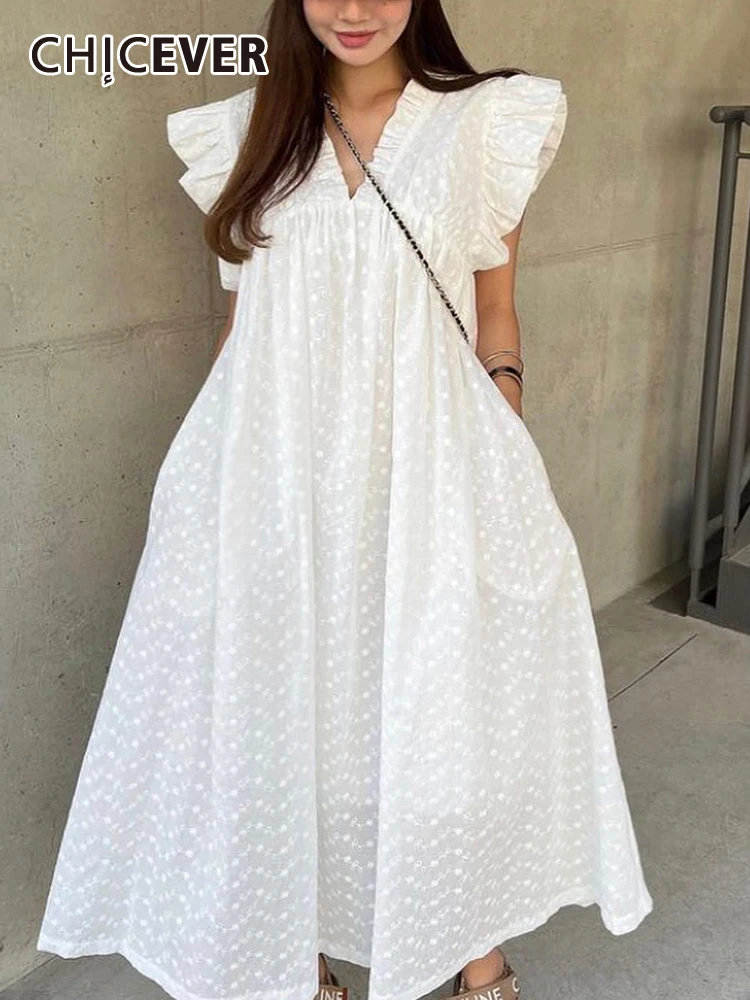 

CHICEVER Minimalist Korean Dresses For Women V Neck Flying Sleeve High Waist Folds Loose Casual Midi Dress Female Summer Clothes