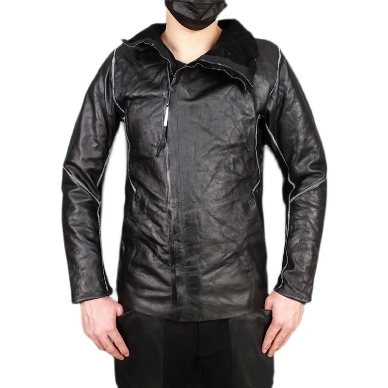 

Men's Leather Jacket Cowhide Slim Pleated Asymmetrical Gothic Motorcycle Style Autumn Winter Handmade Designer Clothes