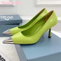 2022 light green women pumps leather metal panel pointed toe shallow cover high thin heel comfortable fashion casual shoes