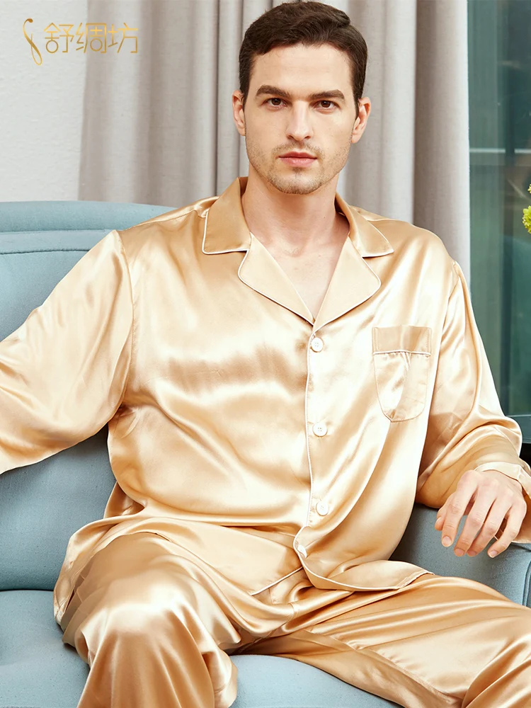 Men Pure Color Long Sleeve Trousers Comfortable Mulberry Silk Home Suit Spring Autumn Pajamas