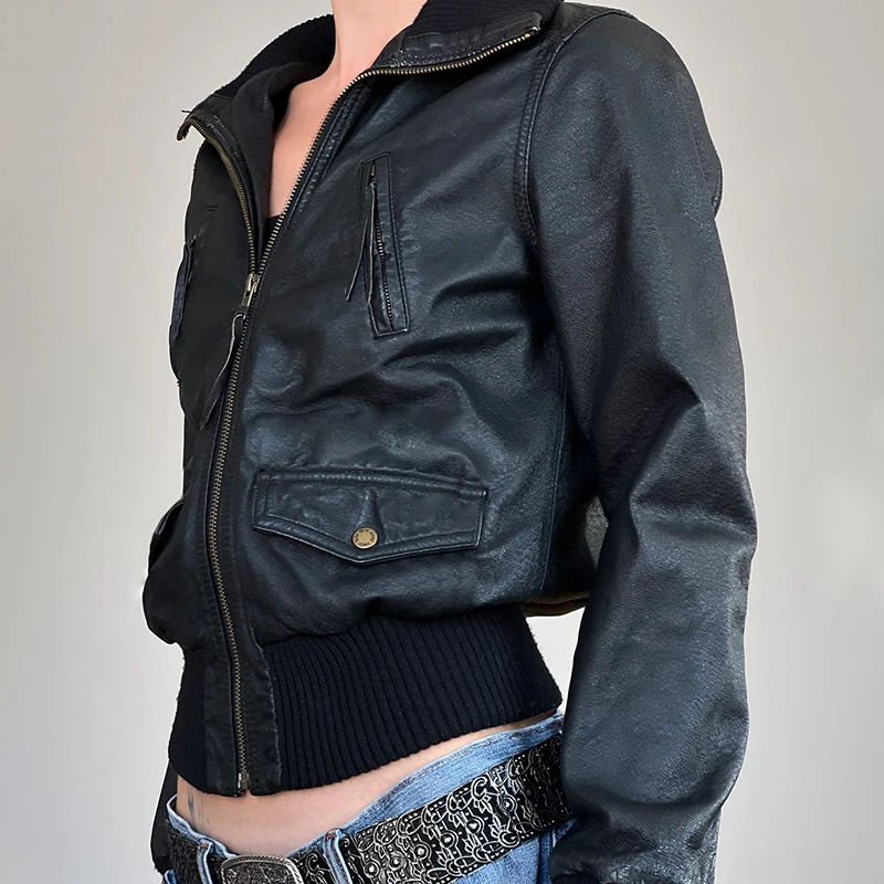 HEYounGIRL водолазка из искусственной кожи на молнии пальто в стиле панк High Street черная