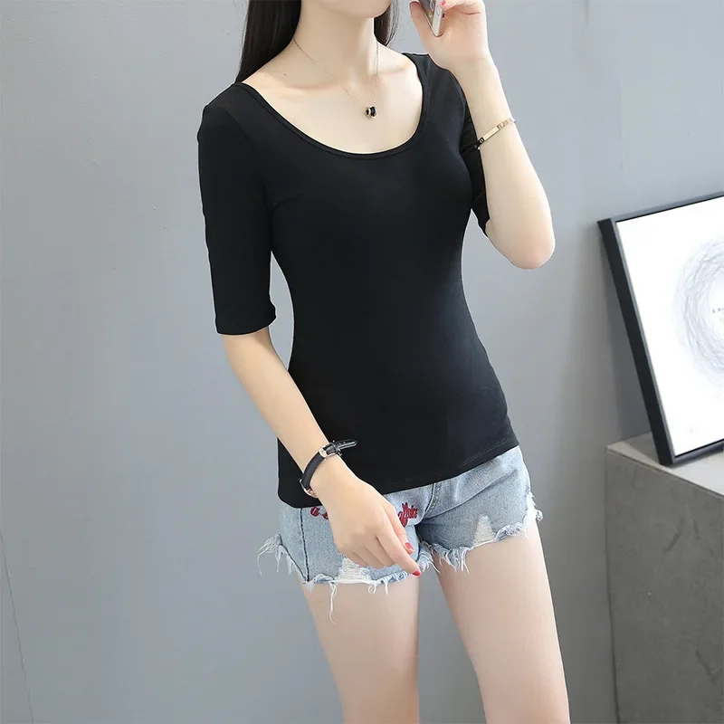 Лето 2024 женская футболка с низким вырезом двойной вырез средний рукав базовый
