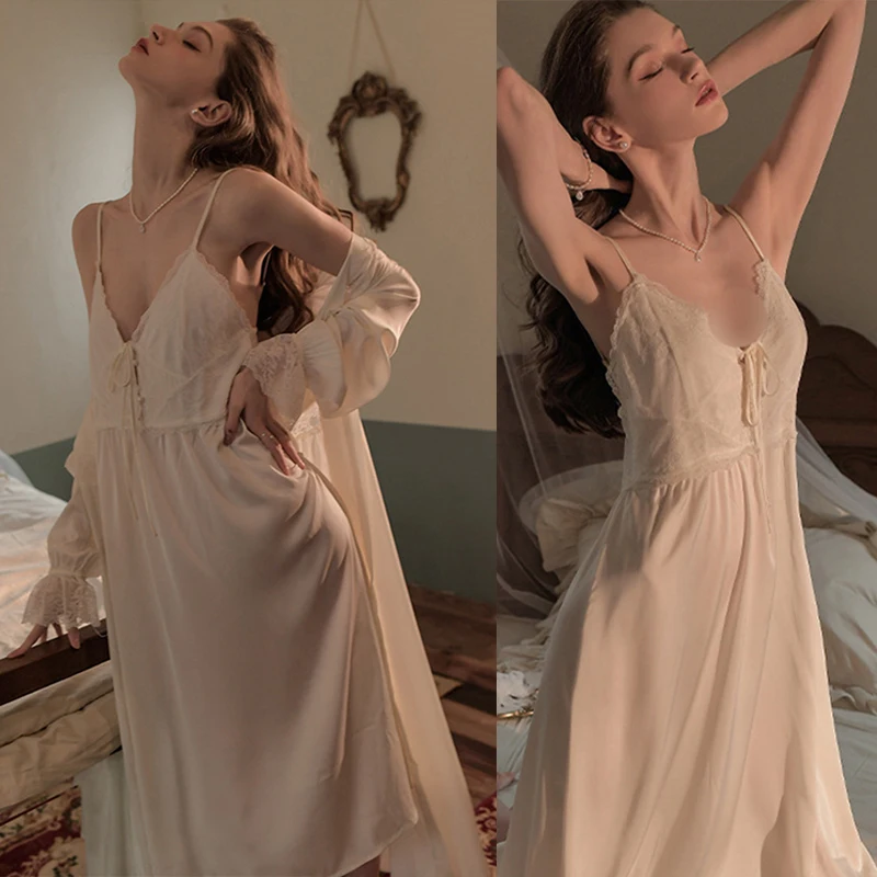 

Пикантная атласная ночная сорочка, домашняя шелковая одежда для сна, халат, банный халат, кружевной комплект с бретельками, ночная рубашка с V-образным вырезом, женский полный бюстгальтер