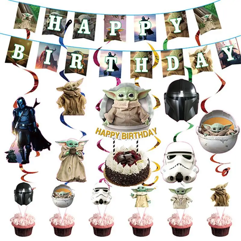 

Star Wars Baby Yoda Theme Party Tableware Banner Hanging Spiral Cake Topper Balloon for Kids Birthday Party Decoration Supplies
