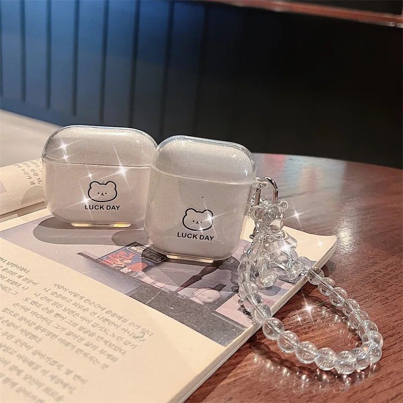 

Glitter Powder Bear Head Chain Case for AirPods 3 Case Apple AirPods 1 and 2 Case Cover AirPods Pro Case Earbuds Accessories