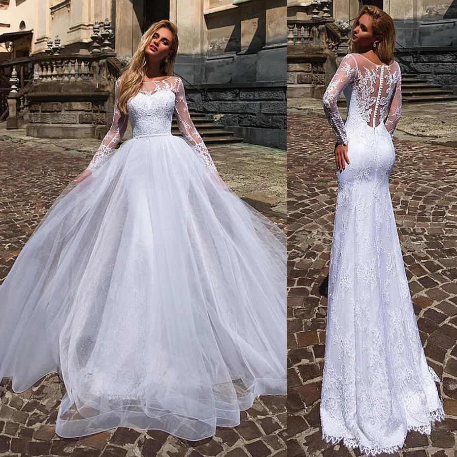 Charming Two Pieces 2 In 1 Wedding Dresses With Lace Appliques Mermaid Bridal Dress with Detachable Skirt vestido de noiva