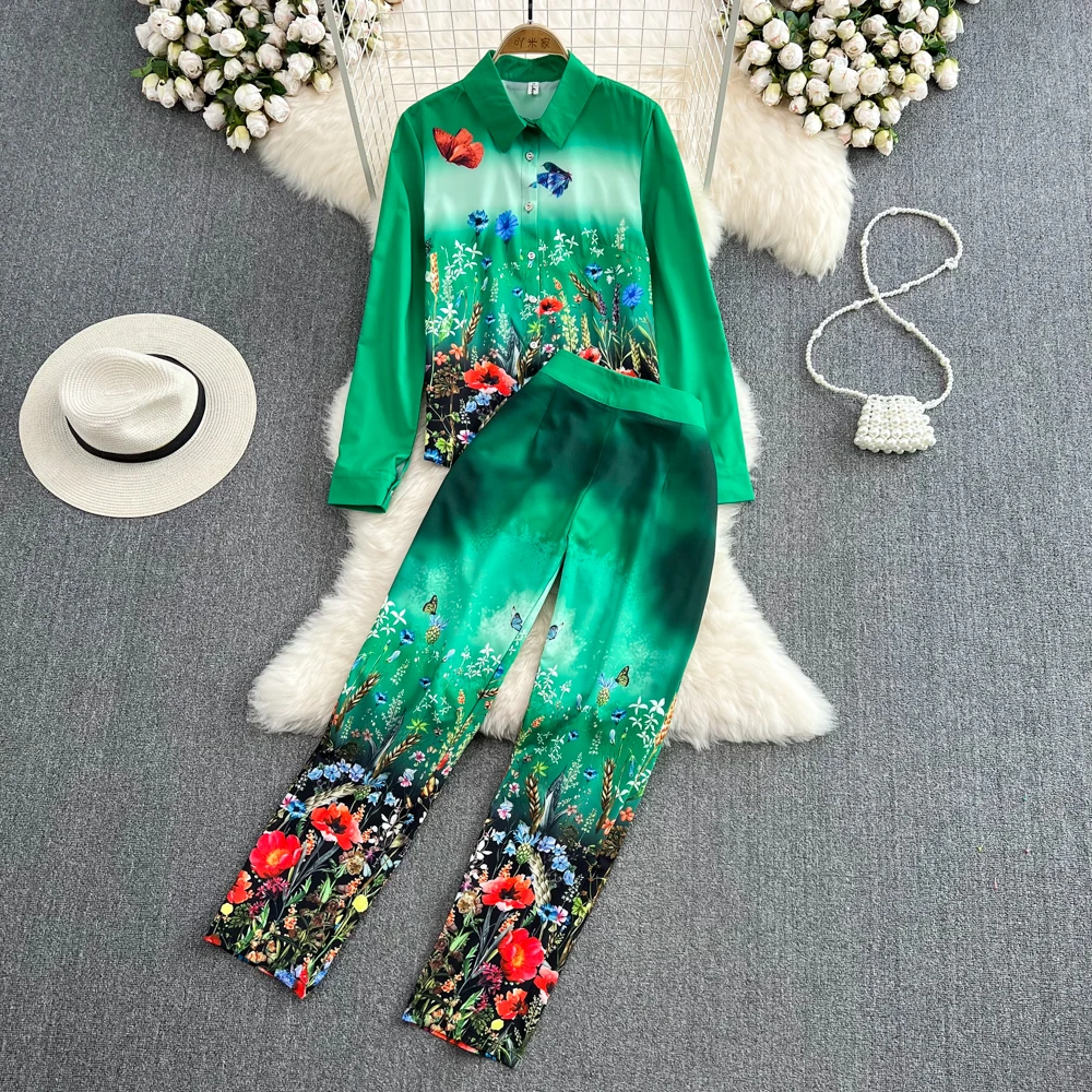 

Fashion suit female light mature style lady temperament green printed loose shirt two-piece casual high waist pencil pants