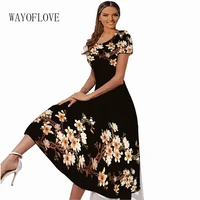 wayoflove black long women summer dress casual beach short sleeve elegant vestidos square collar flowers printed fashion dresses