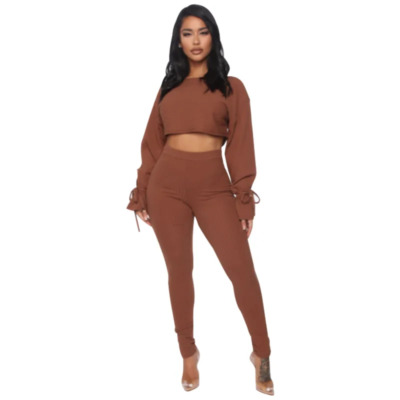 

Fashion Women's Set 2022 New Solid Color Short Long Sleeve Bow Bell Sleeve Top Elastic Middle Waist Casual Ladies Pants Suit