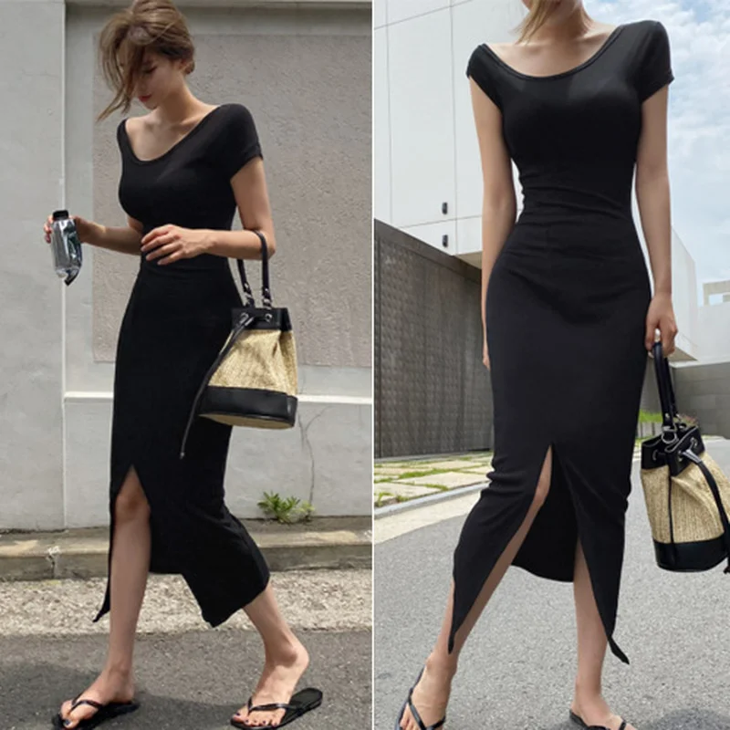 

Korean Chic Fashion Summer Slim Wrap Hip Black O Neck Short Sleeve Split Dress Women Cotton All-match Clothing Vestidos Mujer