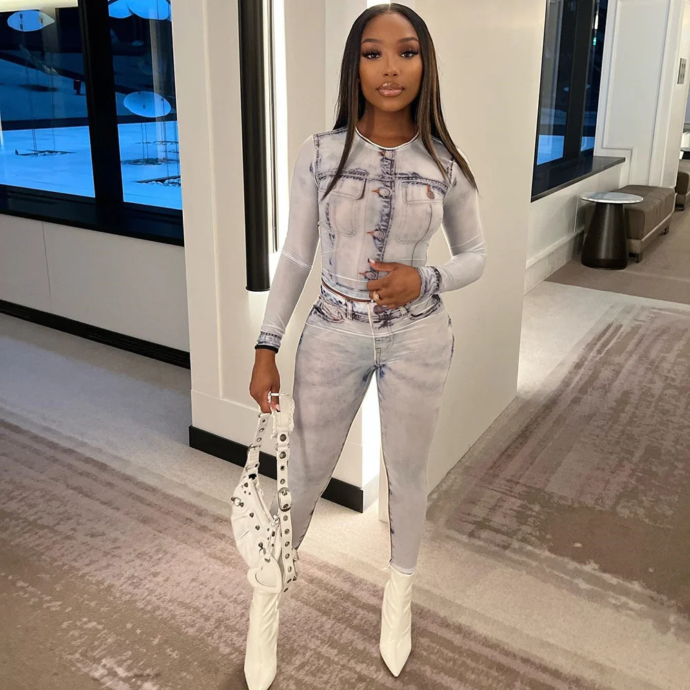 

Denim Print Two Piece Set Women Women Long Sleeve T Shirt And Pencil Full Pants Set Skinny Fashion Birthday Party Club Outfit