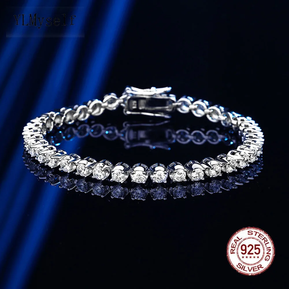 Теннисный браслет из настоящего серебра 925 пробы 15-18 см с блестящим цирконом 3 мм -