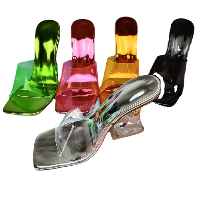 

Fashion Color Crystal High Heel Slippers Women Sexy Ladies Shoes Transparent Heel PVC Slippers Women High Quality Slides Women