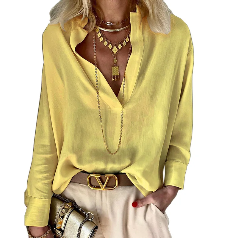 Новая женская однотонная рубашка из хлопка и льна осень 2024 свободный пуловер с