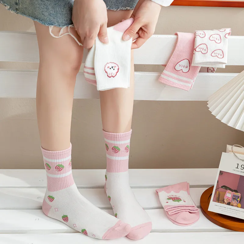

Fashion Korea Harajuku Socks Street Hip Hop Skateboard Striped Mid Tube Pink Sock Rabbit strawberry Cartoon Breathable Sock