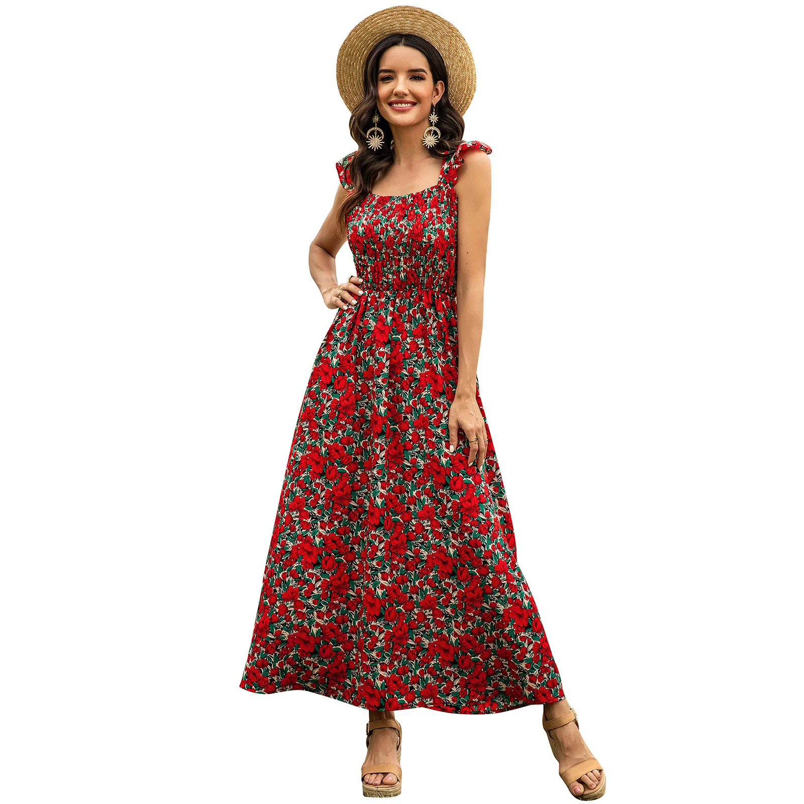

Vintage Floral Print Long Dress Women Sexy Waist Square Collar Boho Party Dresses Elegant Sleeveless Beach Maxi Dress