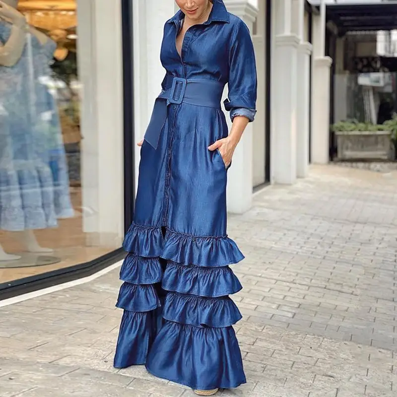 

Autumn Casual Solid Single Breasted Shirts Dress Women New Fashion Turn-down Collar Slit Dress Ladies Elegant Solid Ruffle Dress