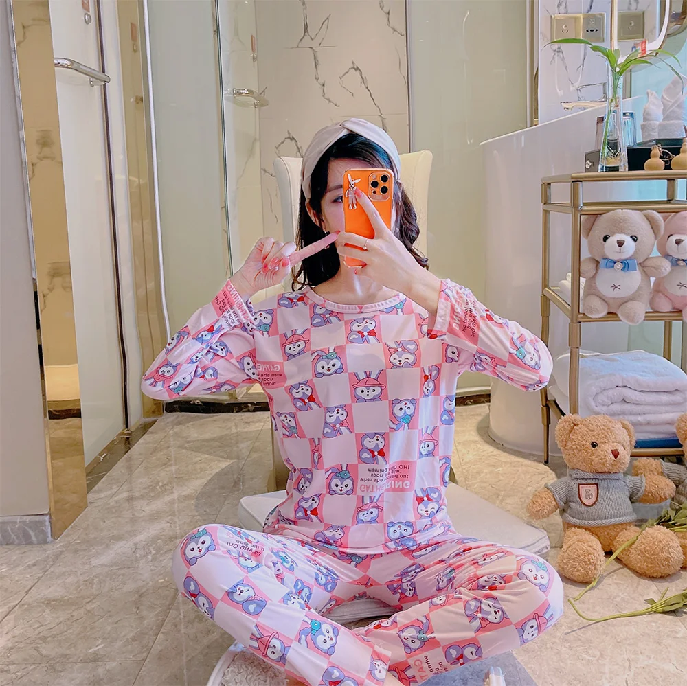 Disney Cartoon Minnie Mouse Pajama Pants for Women Summer New Loose Long Sleeve Top and Trousers Sleepwear Cute Home Suit Lady