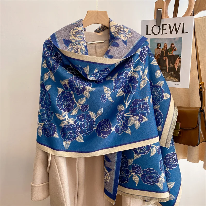 2022 Women Scarf Cashmere Print Leaf Doubel-sided Tassel Thick Warm Blanket Winter Pashmina Soft Shawl Wrap Bufanda Echarpe