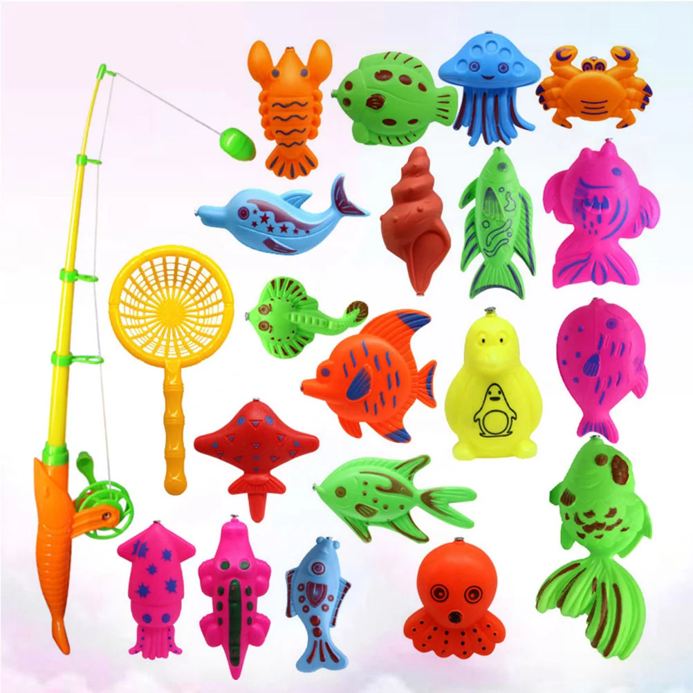 

22pcs Magnetic Rod Net Fishing Toys Suit Fishing Game Set for Children Boy Girl (20pcs Fish + 1pc Rod + 1pc Net, Random Pattern
