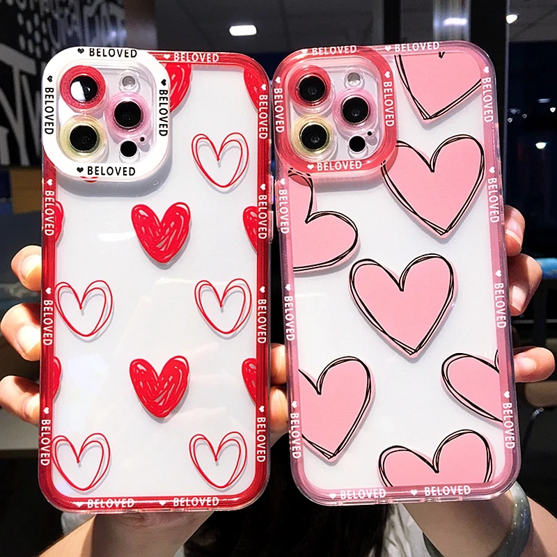 

Soft Love Heart Transparent Phone Case For iphone 11 12 13 Pro Max XS X XR 7 8 Plus SE 2020 Bumper Shockproof Back Cover