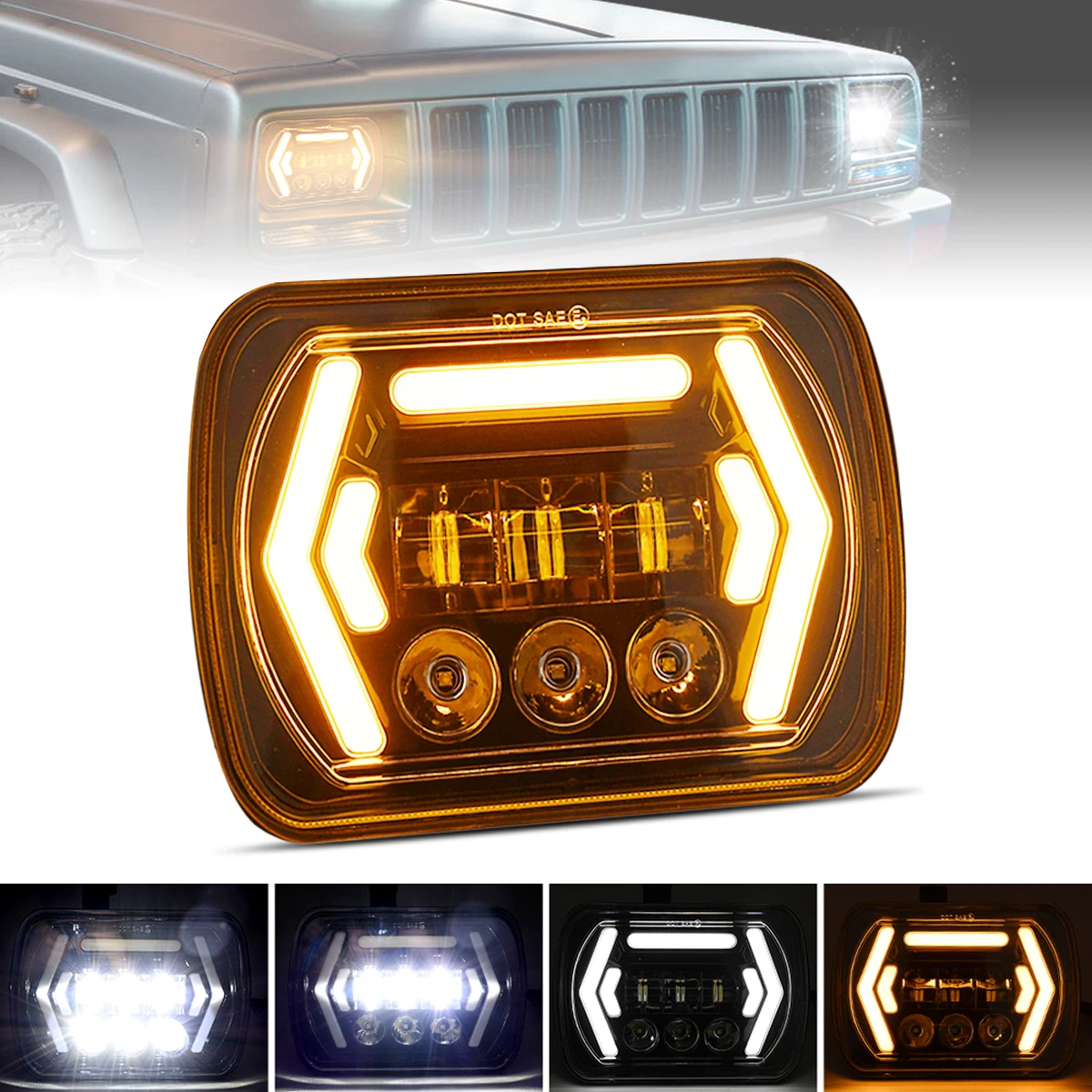 

7x6 5x7 Inch Square LED Headlight DRL Hi/Lo Beam 50W 30W Halo Ring Amber Angel Eye for 4WD ATV SUV UTV Trucks 4x4 Off road