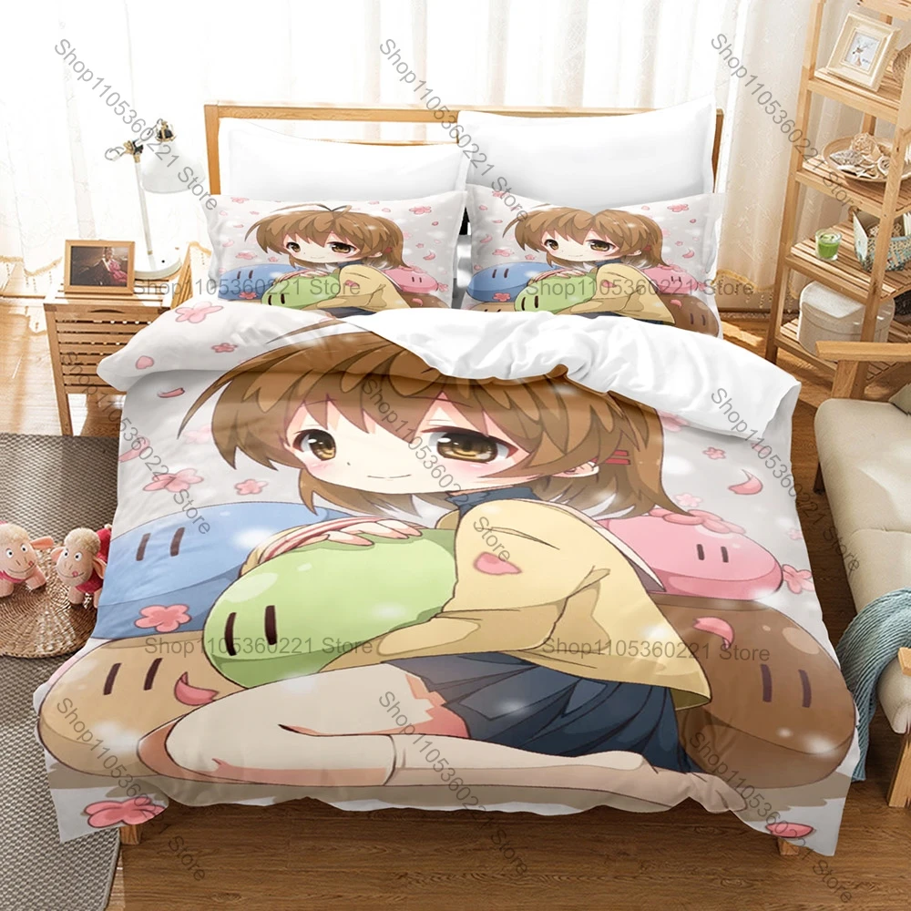 Фото Комплект постельного белья Nagisa Tomoya Cute Dango Family с принтом вишневого цвета и школьной тематикой, 3 предмета: пододеяльник + 2 наволочки, для фанатов аниме №1