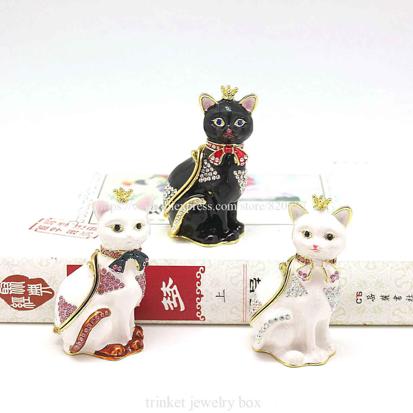 Cat Hinged Jewelry Box with Crystal Stones