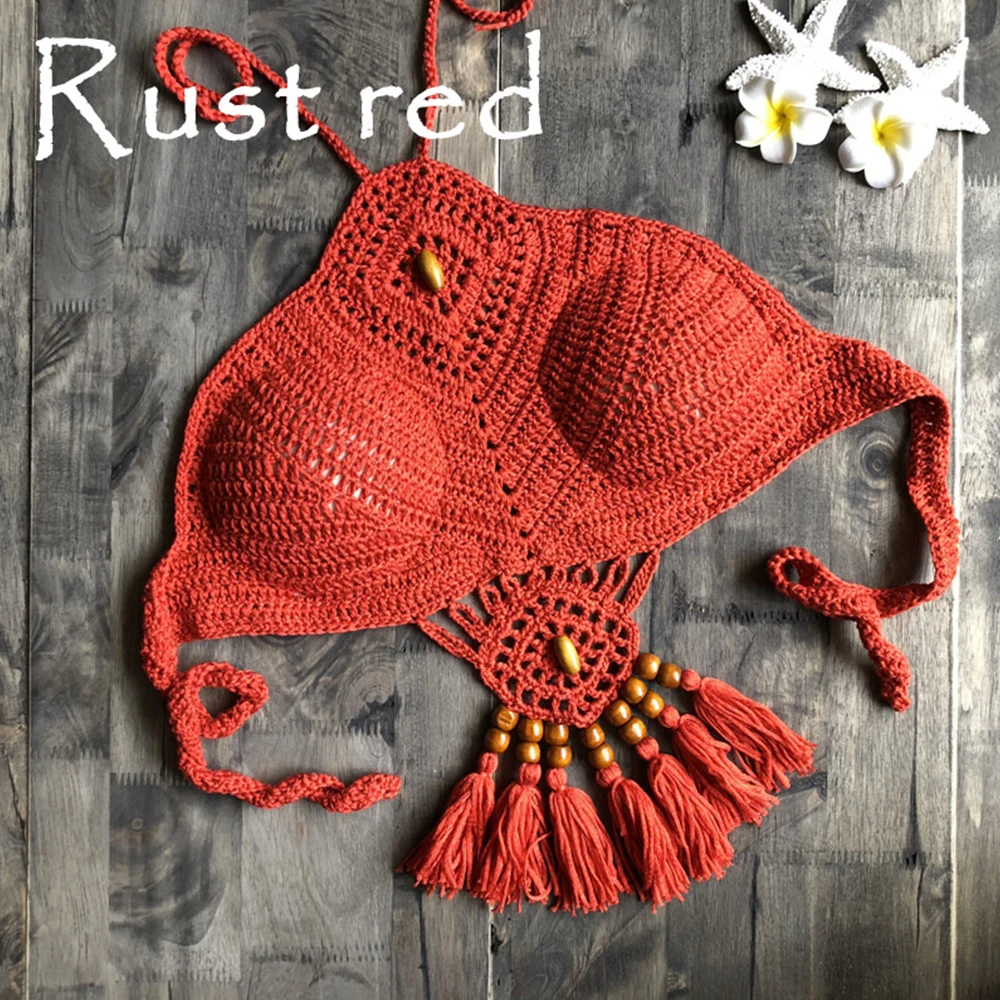 

Women Halter Tie Knitted Bikini Crochet Swimwear Halter Tassel Crop Top Swimsuit Multi Color Yoga Top
