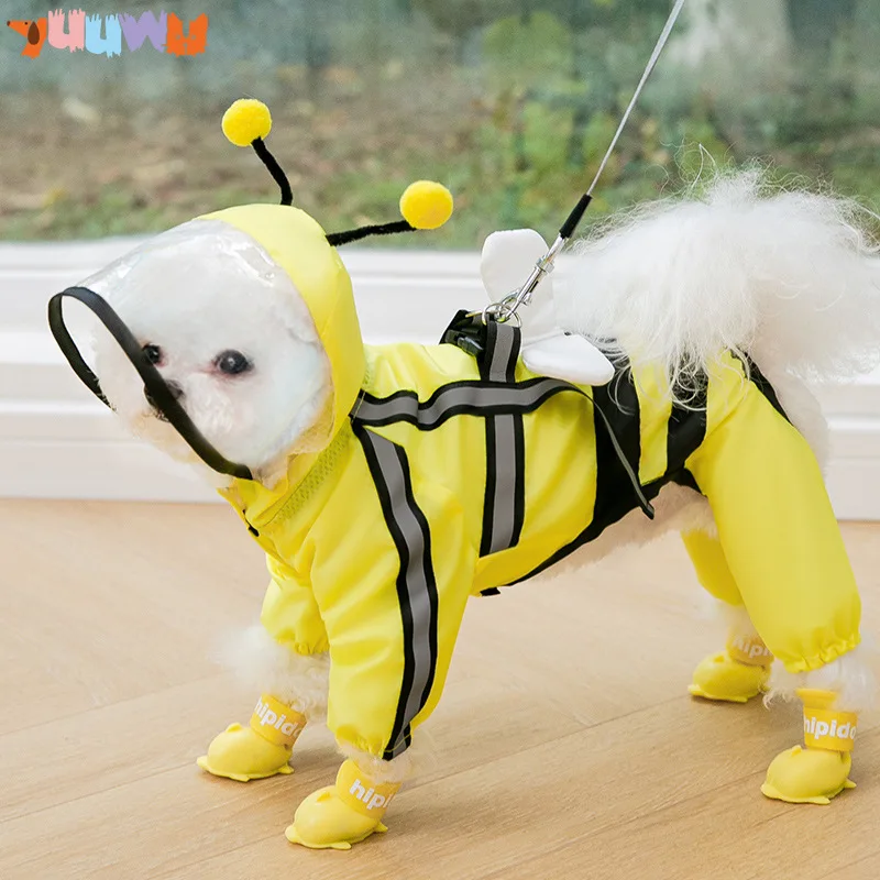 

1Pc New Pet Dog Raincoat Hooded Rain Coat Cute Bee Bear Dinosaur Design Waterproof Cat Dog Breathable Mesh Clothes Dog Rain Coat