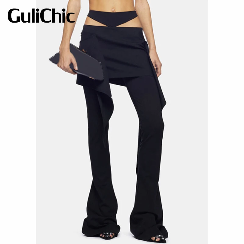 6.8 GuliChic Women Fashion Sexy Hollow Out Chain Decoration Casual Black Flared Pants