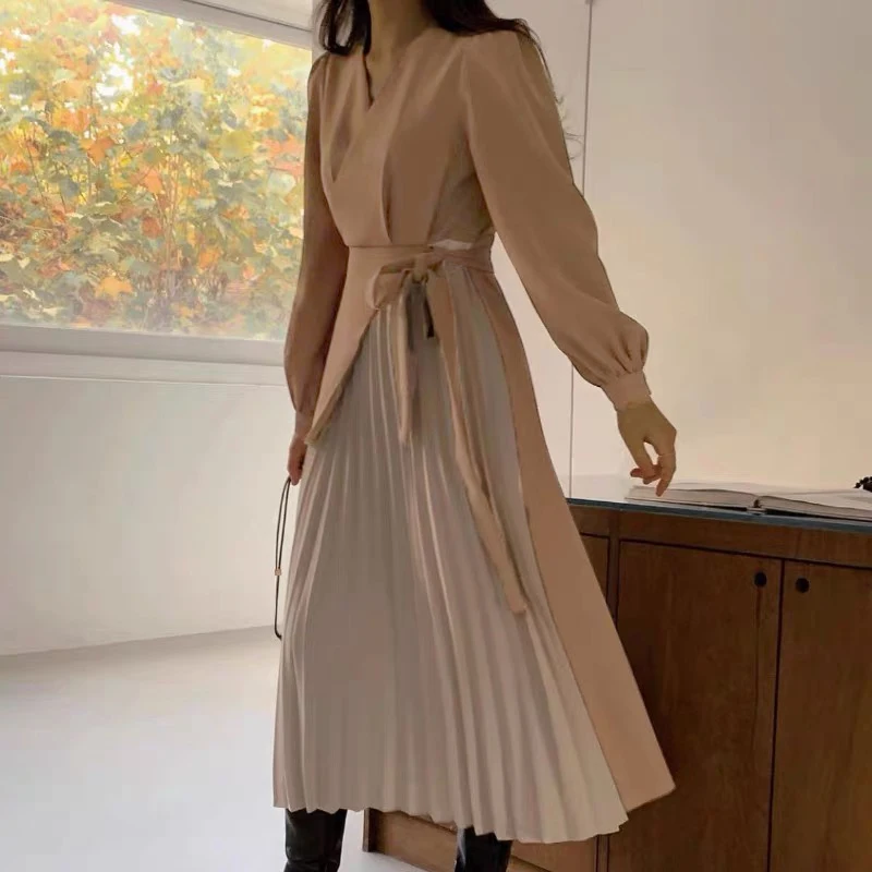 

Shirt Dresses VONDA 2022 Women Lape Collar Pleated Sundress Ladies A-Line Solid Vestidos Vintage Patchwork Printed Maxi Robes