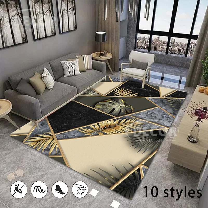 

Abstract Black Gold Marble Leaf Carpets for Large Living Room Decor Modern Area Rug Bedroom Hallway Kitchen Floor Mat Washable
