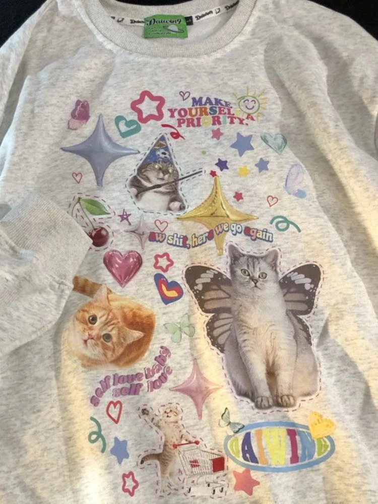 

Свитшот женский оверсайз с рисунком кота и длинным рукавом, Y2K