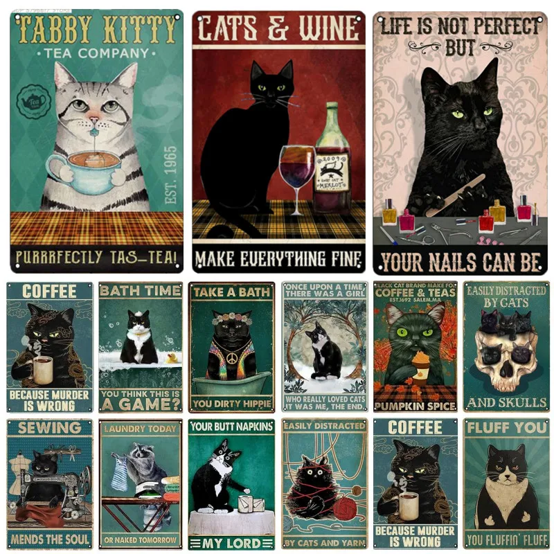 

Coffee Tea Easily Distracted By Cats Vintage Metal Tin Sign Black Cat Wall Decor Art Toilet Tissue Tailor Bathe Manicure Plaque