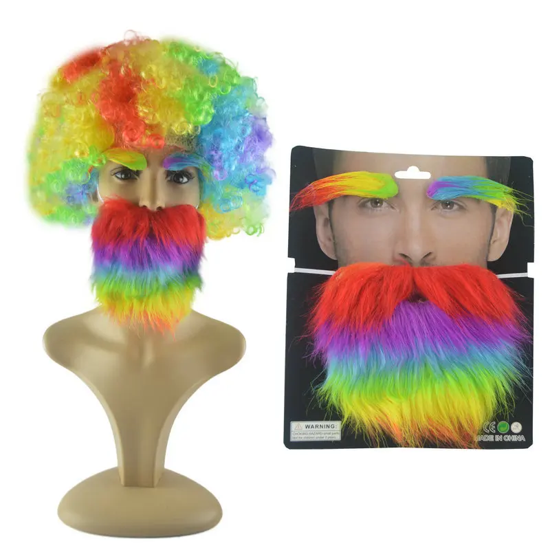 Halloween Fake Beard Eyebrows Color Curly Hair 3pcs Set