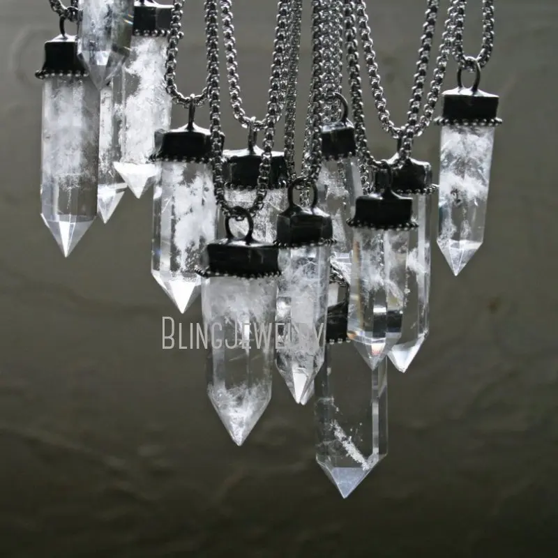 NM42033 Clear Quartz Tower Necklace Big Clear Crystal Point Necklace Goth Witch Wicca Talisman Pendulum Necklace Halloween