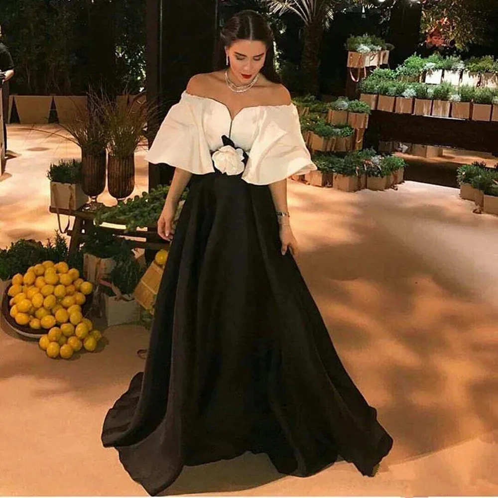 

Sexy Short Sleeve Evening Dresses Arabic Black White Prom Dress Satin Flowers DuBai A Line Formal Evening Gowns Robe De Soiree