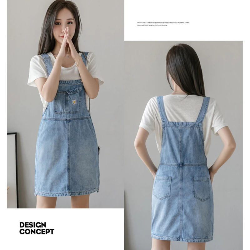 Women's SpringSummer Blue Commuter Shorts with Strap Denim Dress New Korean Edition Chrysanthemum Embroidery High Waist Versatil