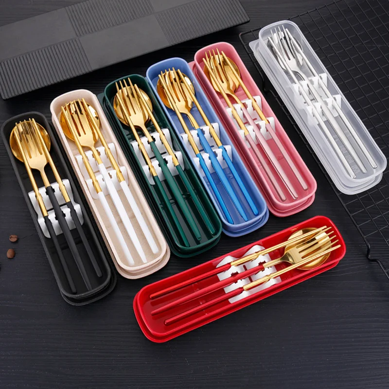 

Portable Cutlery Set Stainless Steel Tableware Spoon Fork Chopsticks Dinnerware Set Eco-friendly Travel Flatware With Box