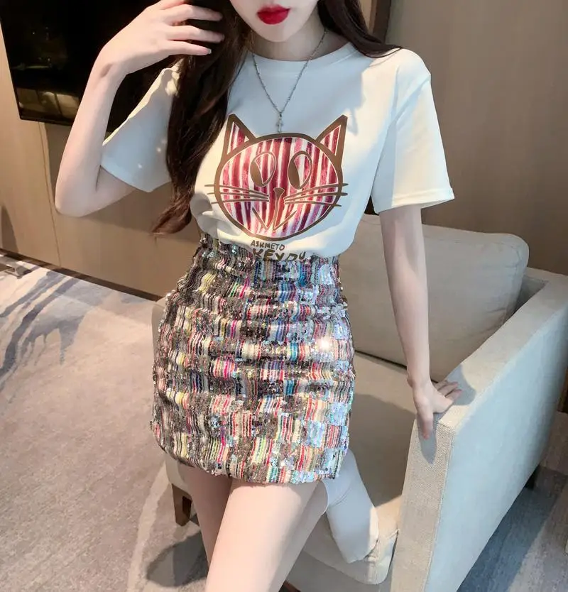 

2023 Stylish Slim Sequin Mini Sweet Spicy Skirts Summer T Shirts Two Piece Sets Women Clothing Wrapped A-line Short Skirt BC215