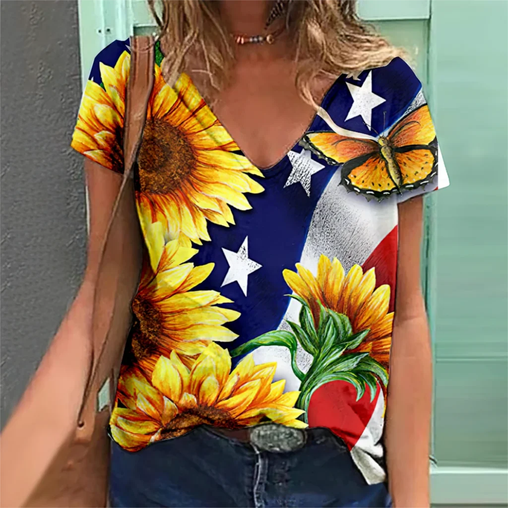 

Women's Clothing Summer T Shirts For Women Fashion Sunflower Print V-Neck Tshirt Top Causal Short Sleeve Tees Female Pullover