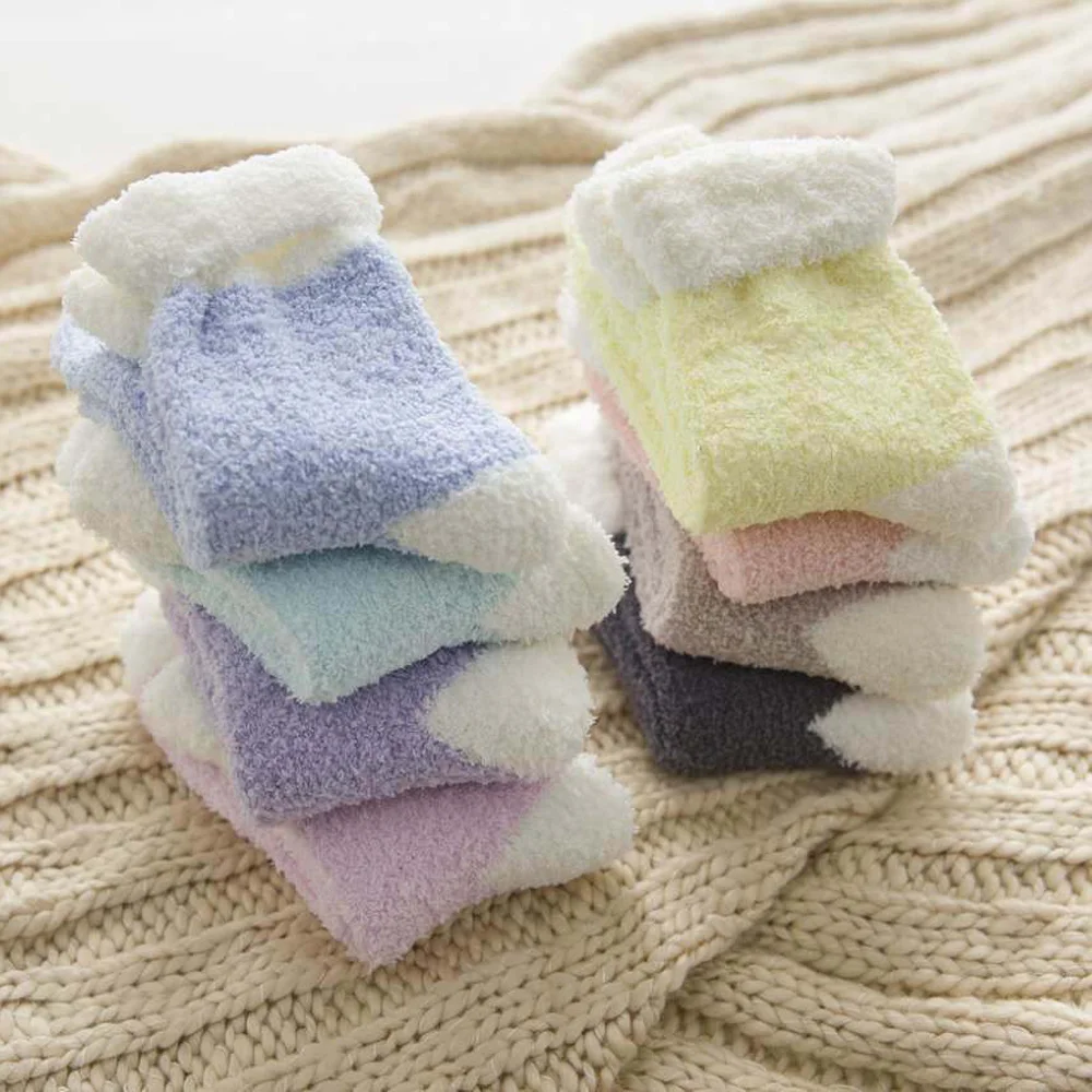 8 Pairs Winter Flanging Solid Color Women Coral Fleece Socks Warm and Thickened Fuzzy Love Half Fleece Floor Socks Wholesale