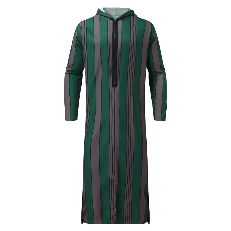 Spring  Autumn Men's Muslim Striped Print Loose Large Size Long Robe Hooded Onesie