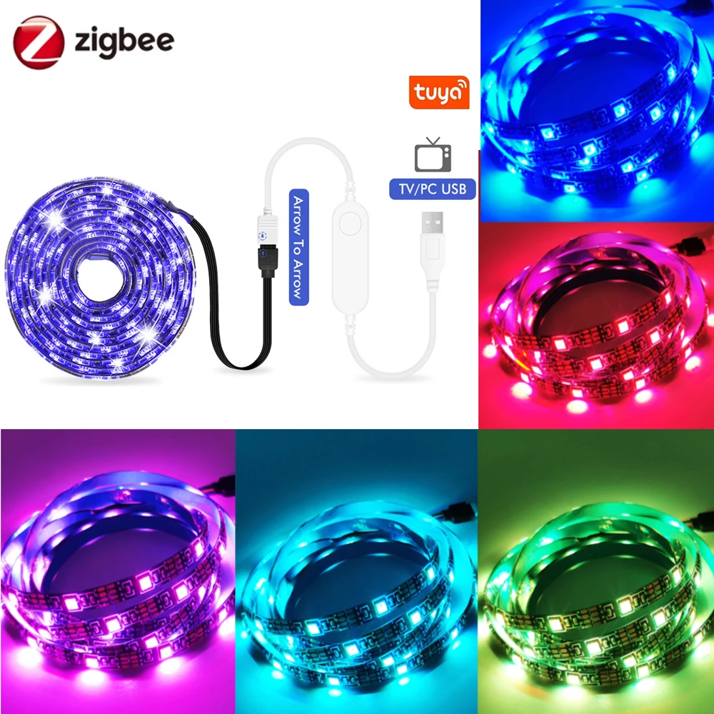 

Светодиодная лента Zigbee 3,0 с питанием от USB, световые полоски для подсветки телевизора, 5 в постоянного тока, лента 5050 RGB, лампа для фона телевиз...