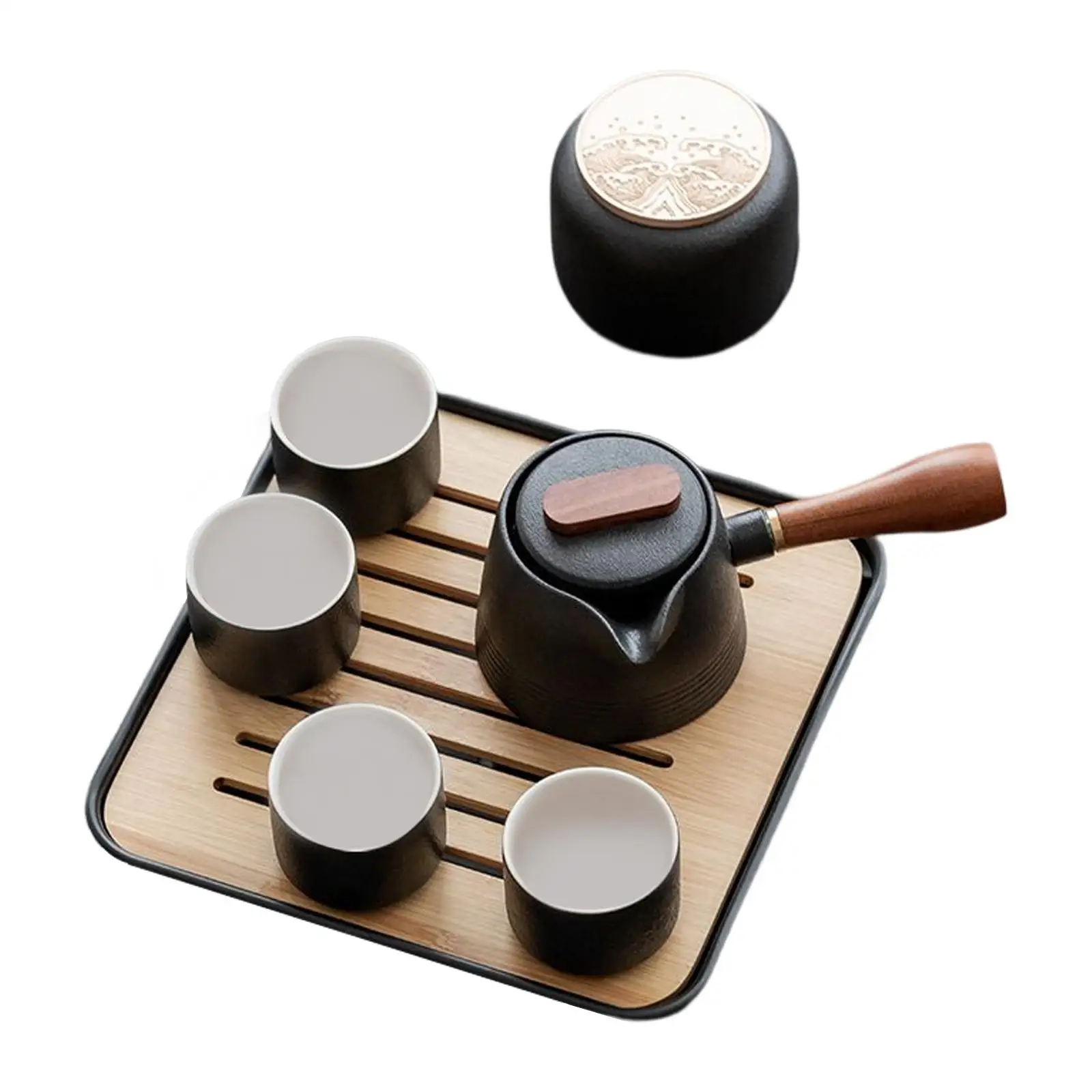 

Portable Travel Tea Set, Handmade Kung fu Tea Set, Porcelain Teapot,Teacups, Bamboo Tray, Black